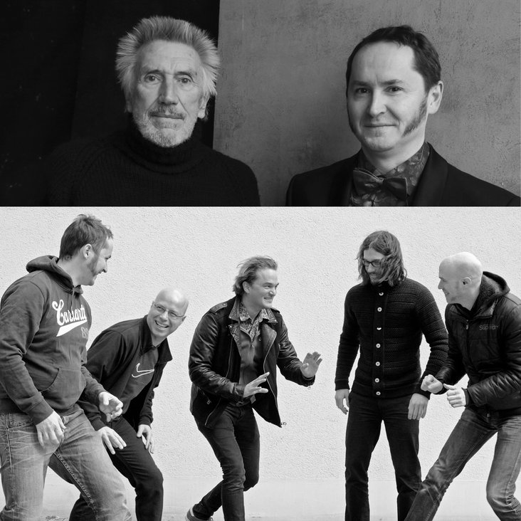 In der oberen Hälfte schauen die beiden Künstler in die Kamera. In der unteren ist das Quinetett zusehen, wie es gemeinsam lacht.