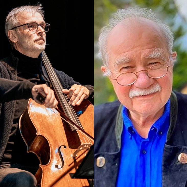 Eine Collage aus zwei Bildern. Bild 1: Oliver Krüger an seinem Cello, er sitzt und spielt. Bild 2: Portraitfoto von Ernst Konarek. Ein älterer Herr mit Brille, Schnauzbart und grauem Haar.