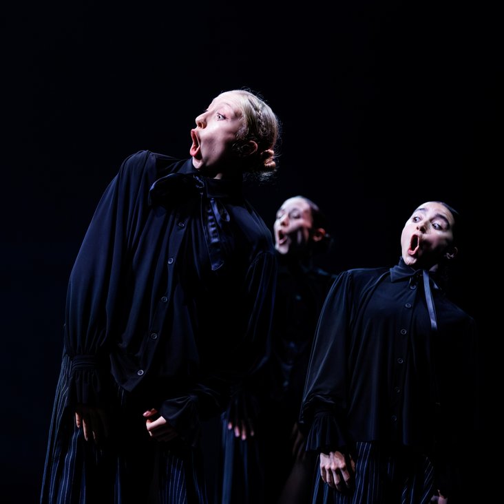 Die Tänzer:innen von Gauthier Dance in schwarzen Kostümen auf der Bühne. Die Bühne ist auch dunkel und es gibt wenig Licht.