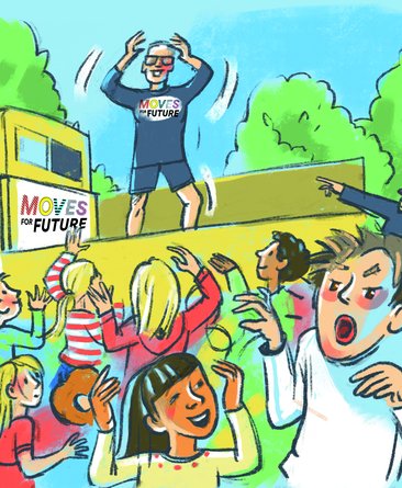 Eine Zeichnung wie Eric Gauthier mit den Kindern auf dem Schulhof den Löwentanz übt