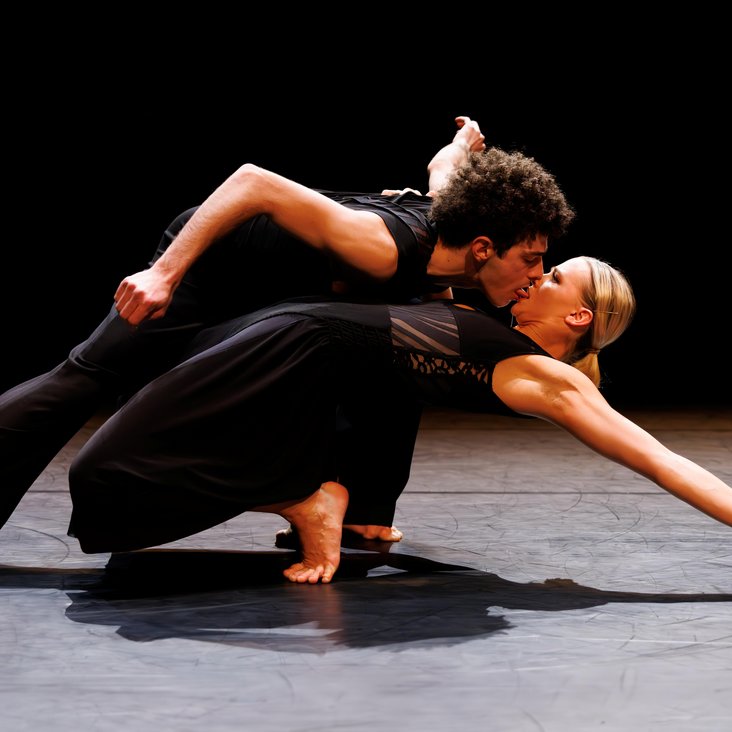 Tänzer:innen in Kostüm auf der Bühne, der Boden ist schwarz und die Bühne ist professionell ausgeleuchtet.