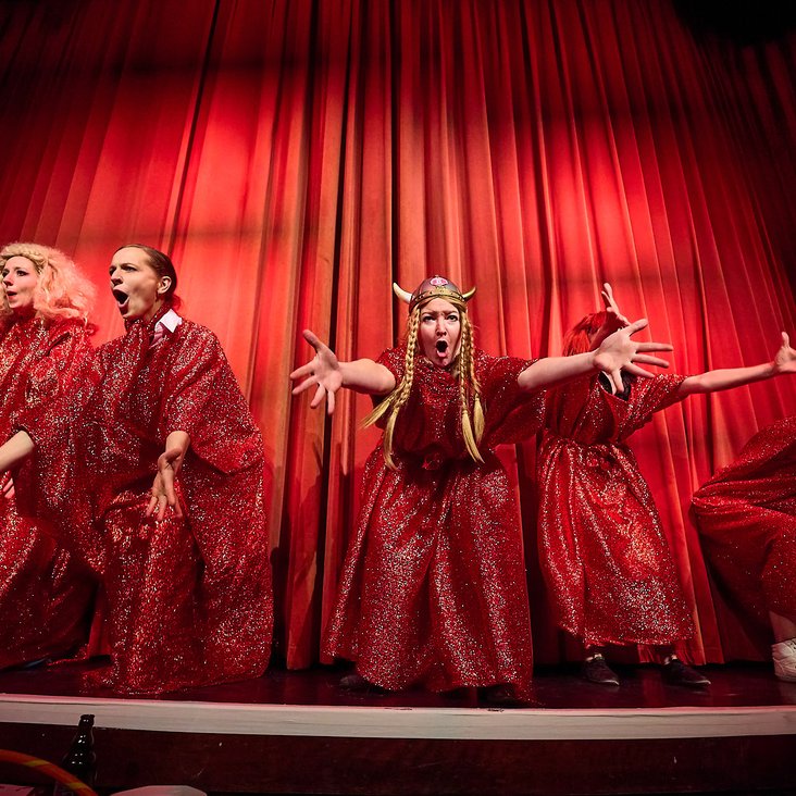 Das Ensemble der "Barbaren Barbies" in Kostümen auf der Bühne