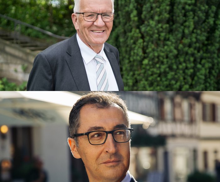 In der oberen Hälfte des Bildes ist Ministerpräsident Winfried Kretschmann zu sehen. In der unteren Hälfte des Bildes ist Cem Özdemir zu sehen.