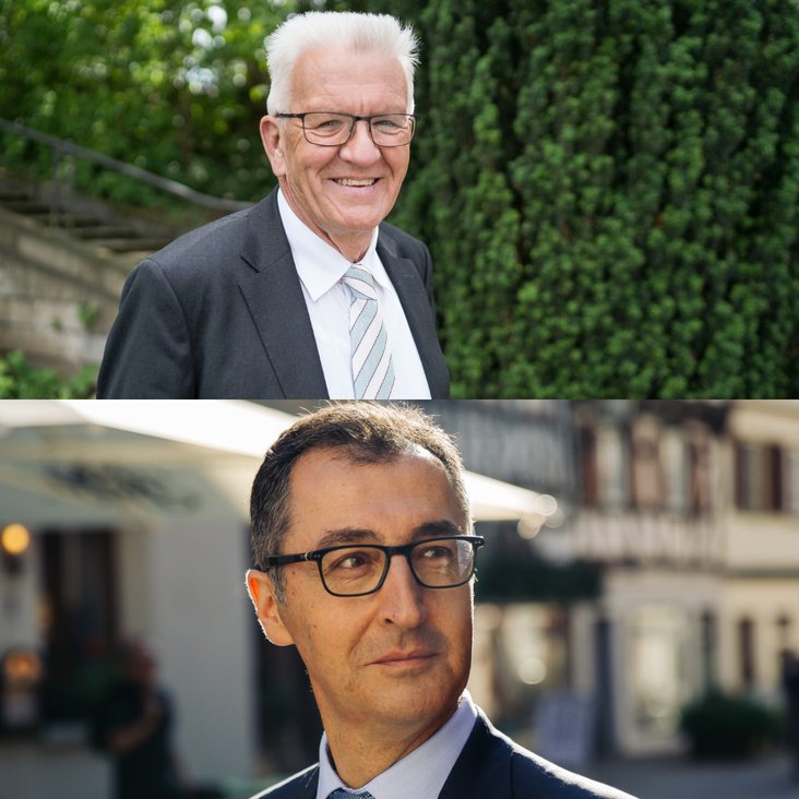 In der oberen Hälfte des Bildes ist Ministerpräsident Winfried Kretschmann zu sehen. In der unteren Hälfte des Bildes ist Cem Özdemir zu sehen.