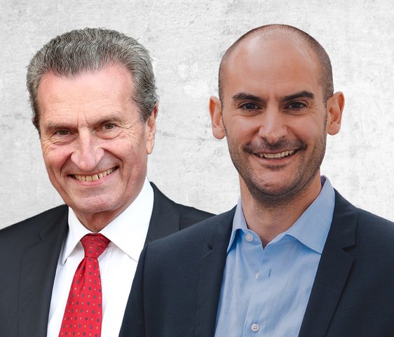 Portraitaufnahme von Finanzminister Danyal Bayaz und Ex-Ministerpräsident Günther Oettinger