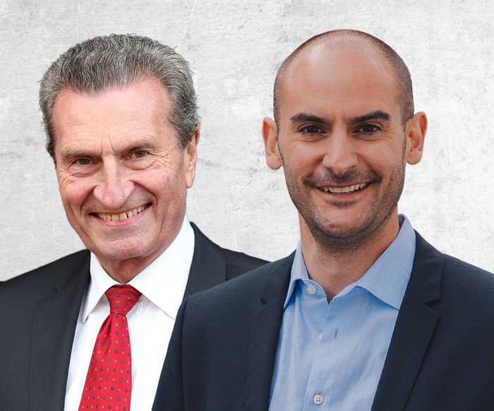 Portraitaufnahme von Finanzminister Danyal Bayaz und Ex-Ministerpräsident Günther Oettinger