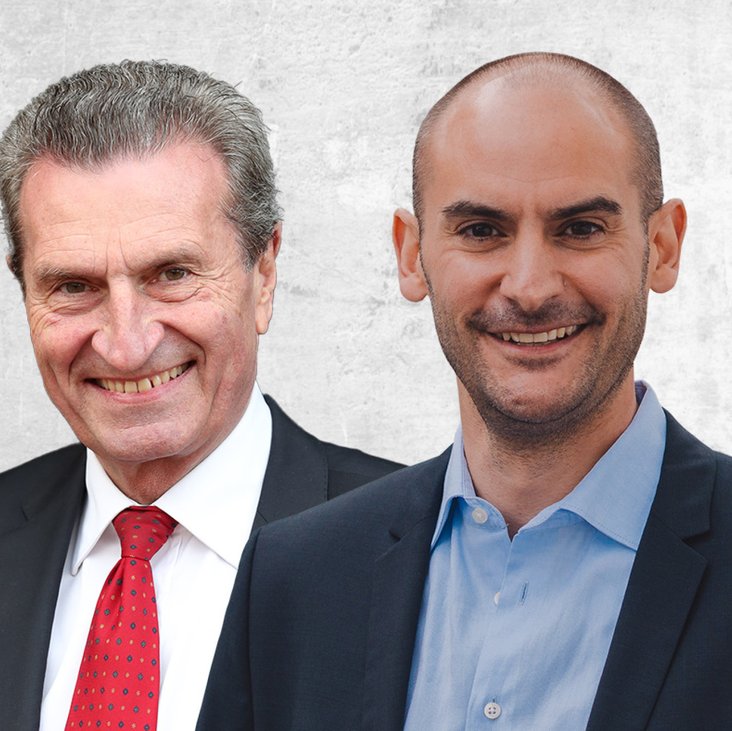 Portraitaufnahme von Finanzminister Danyal Bayaz und Ex-Ministerpräsident Günther Oettinger