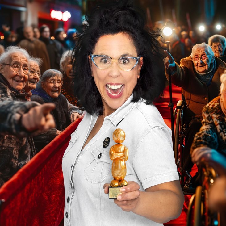 Eine Frau in Pflegekraft-Uniform hält lachend einen Preis ins Bild. Hinter ihr zeichnet sich ein roter Teppich ab, die jubelnden Fans sind Senior:innen.