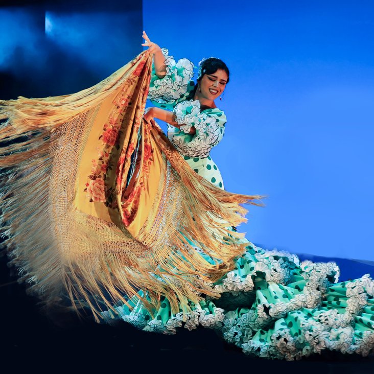 Tänzerin in aufwändig gestaltetem Flamenco Kleid auf der Bühne