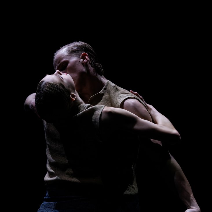 Tänzer:innen in Kostüm auf der Bühne, der Boden ist schwarz und die Bühne ist professionell ausgeleuchtet.