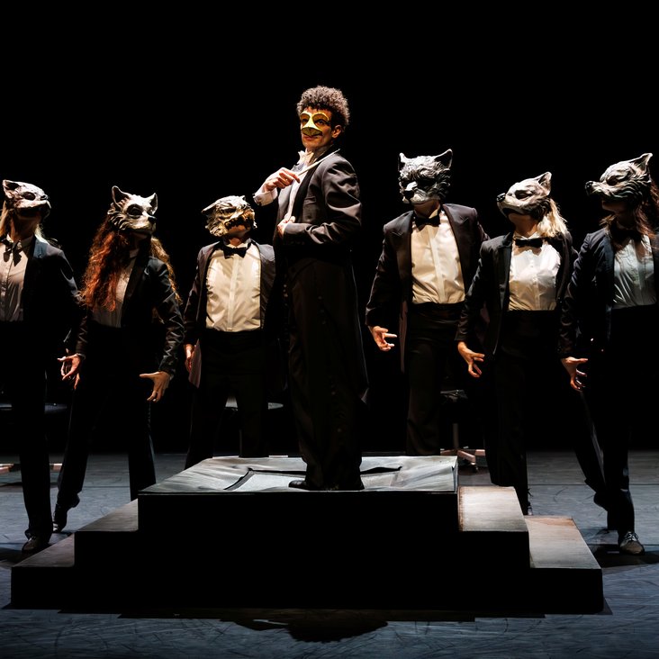 Tänzer:innen in Kostüm auf der Bühne, der Boden ist schwarz und die Bühne ist professionell ausgeleuchtet.