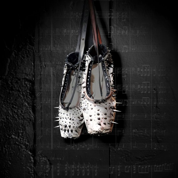Ein Paar weißer Spitzenschuhe mit Nieten hängt vor einem schwarzen Hintergrund, der mit Musiknoten beschriftet ist.