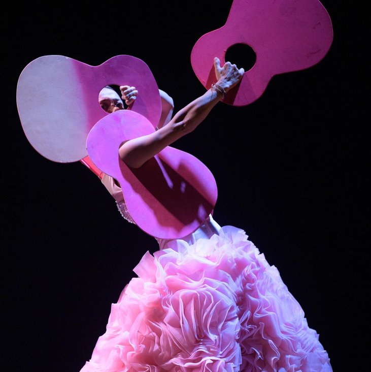 Eine Flamencotänzerin im rosa Kostüm, unten ein bauschiger Rock, oben Elemente eines Gitarrenkorpusses
