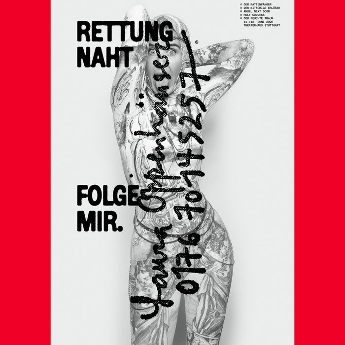 Portraitfoto von Laura Oppenhäuser in weißer Kleidung. Darauf steht handschriftlich mit schwarzem Edding ihr Name und eine Handynummer. Außerdem "Rettung naht" und "Folge mir".