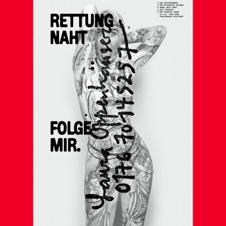 Portraitfoto von Laura Oppenhäuser in weißer Kleidung. Darauf steht handschriftlich mit schwarzem Edding ihr Name und eine Handynummer. Außerdem "Rettung naht" und "Folge mir".