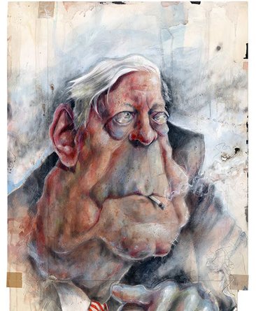 Karikiertes Porträt mit Krawatte, seitlicher Blick vor hellem Hintergrund.