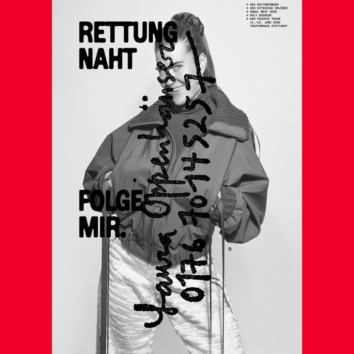 Portraitfoto von Laura Oppenhäuser in weißer Kleidung. Darauf steht handschriftlich mit schwarzem Edding ihr Name und eine Handynummer. Außerdem "Rettung naht" und "Folge mir".