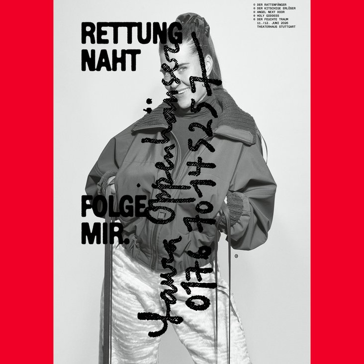 Portraitfoto von Laura Oppenhäuser in weißer Kleidung. Darauf steht handschriftlich mit schwarzem Edding ihr Name und eine Handynummer. Außerdem "Rettung naht" und "Folge mir".