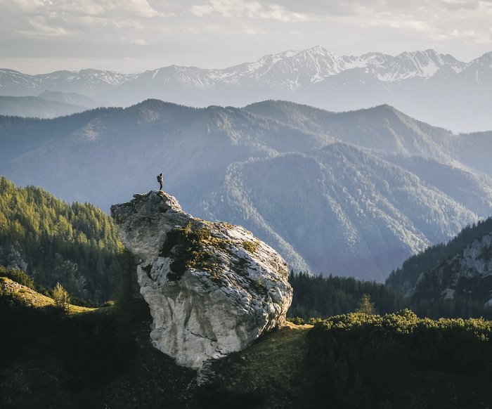 Eine Berglandschaft mit schneebdeckten Gipfeln im Hintergrund, im Vordergrund felsige und bewaldete Bäume