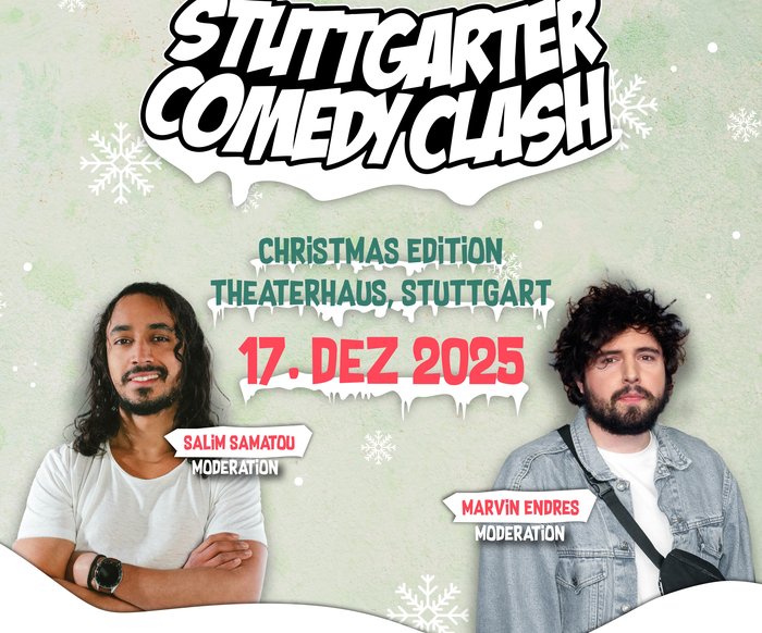 Die beiden Moderatoren von Comedy Clash sind vor einem weihnachtlichen Hintergrund zu sehen. Informationen zum Veranstaltungsdatum, -titel und die Namen der beiden sind zu lesen.