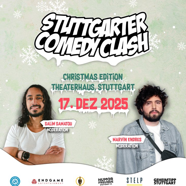 Die beiden Moderatoren von Comedy Clash sind vor einem weihnachtlichen Hintergrund zu sehen. Informationen zum Veranstaltungsdatum, -titel und die Namen der beiden sind zu lesen.