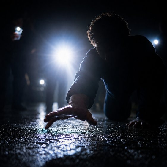 Kniende Person im Vordergrund streckt Hand über nassen Boden, grelle Lichter im Hintergrund.