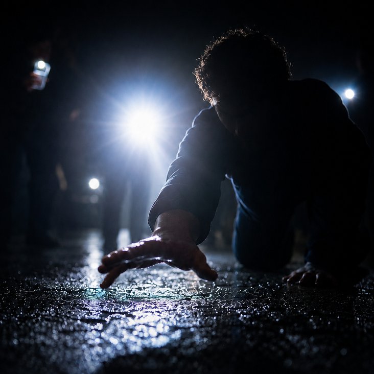 Kniende Person im Vordergrund streckt Hand über nassen Boden, grelle Lichter im Hintergrund.