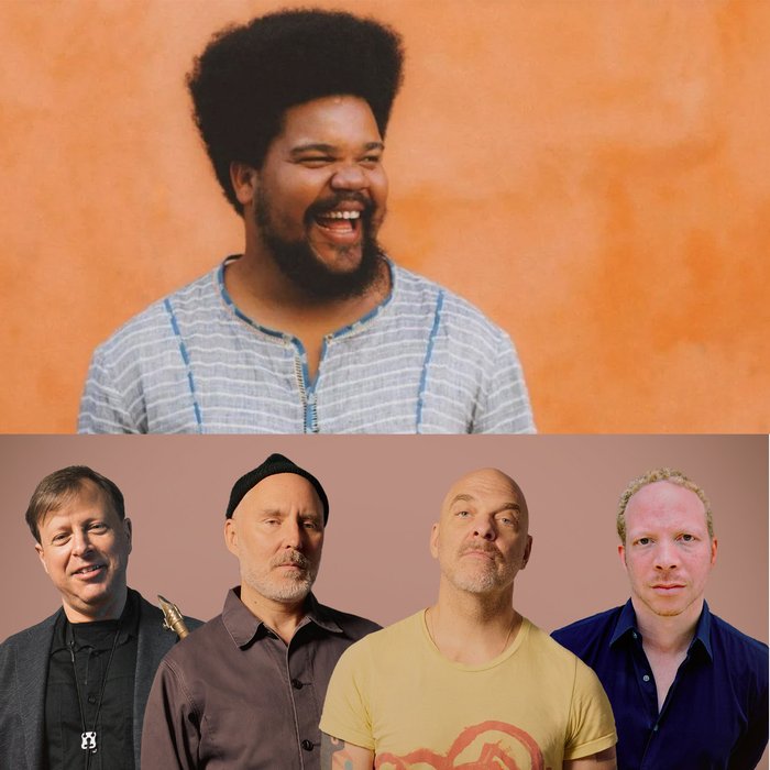 In der oberen Hälfte ist Amaro Freitas zu sehen. In der unteren Hälfte ist "The Bad Plus" zu sehen.