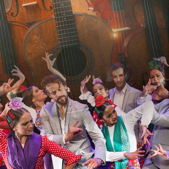 Auf dem Foto sind Flamencotänzer:innen zu sehen, im Hintergrund sind Gitarren zu sehen