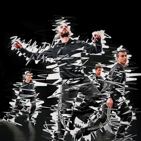 Tänzer:innen von Gauthier Dance bei den Proben zu "LUCK". Das Foto ist grafisch verfremdet mit weißen und schwarzen Überlagerungen, die wie Filzstift über dem Foto liegen.