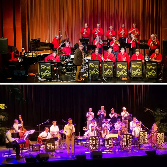 Zwei Big Bands auf Bühnen, oben „Daimler BigBand“, unten „Uni Big Band Stuttgart“.