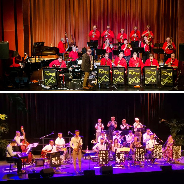 Zwei Big Bands auf Bühnen, oben „Daimler BigBand“, unten „Uni Big Band Stuttgart“.