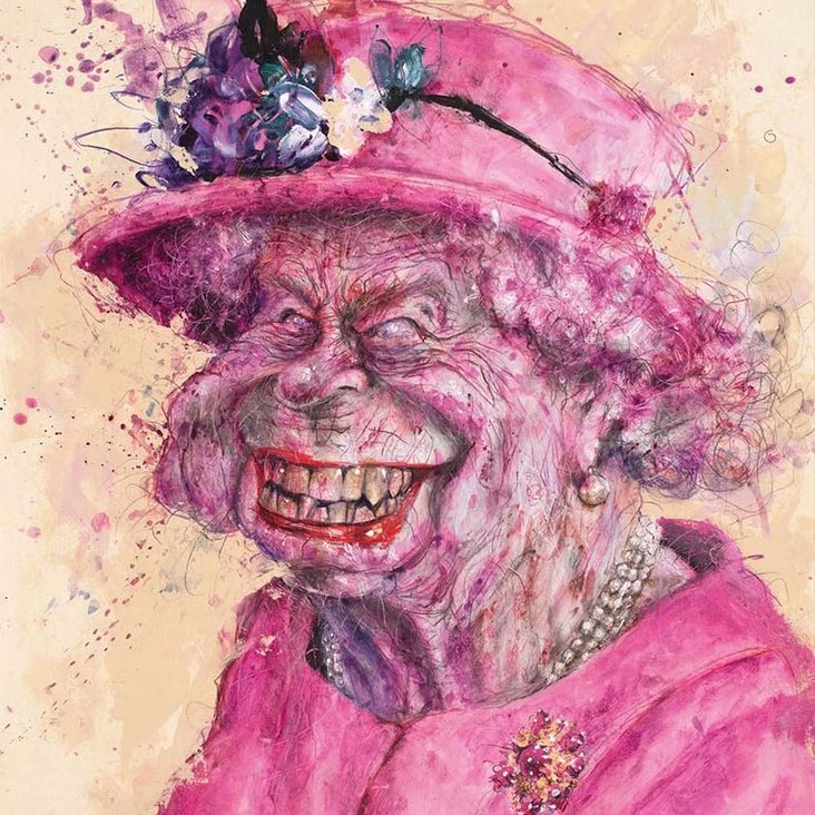 Karikiertes Porträt in pinker Kleidung und Hut vor hellem Hintergrund.