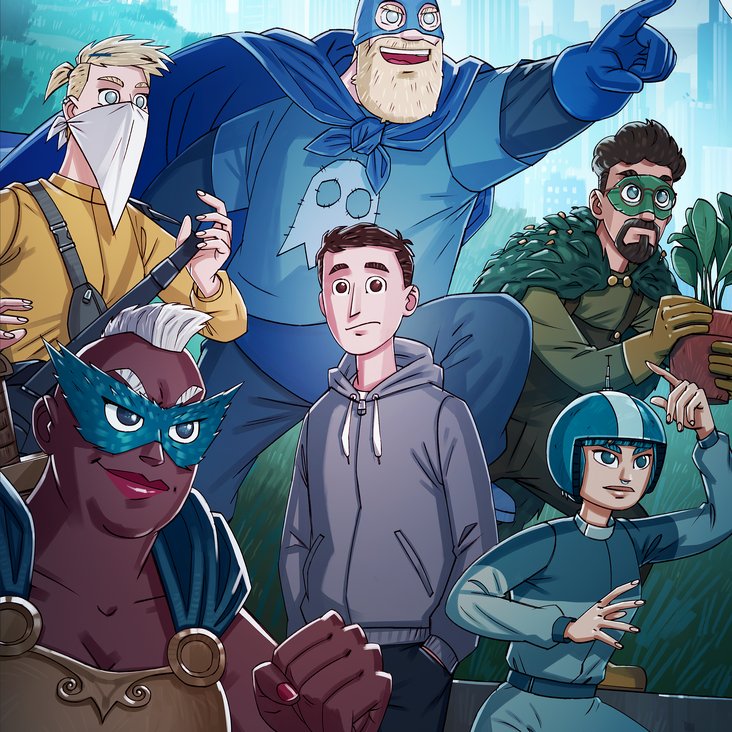 Eine Illustration die einen jungen Mann und verschiedene Superheld:innen um ihn herum zeigt.
