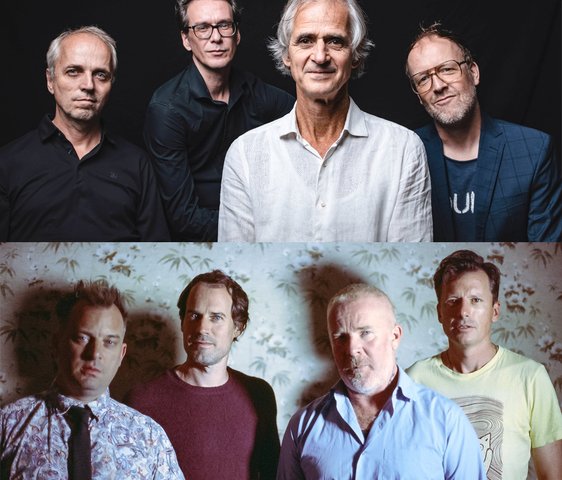 Eine Collage aus zwei Bandfotos. Beide Bandfotos sind von je 4 Männern besetzt.