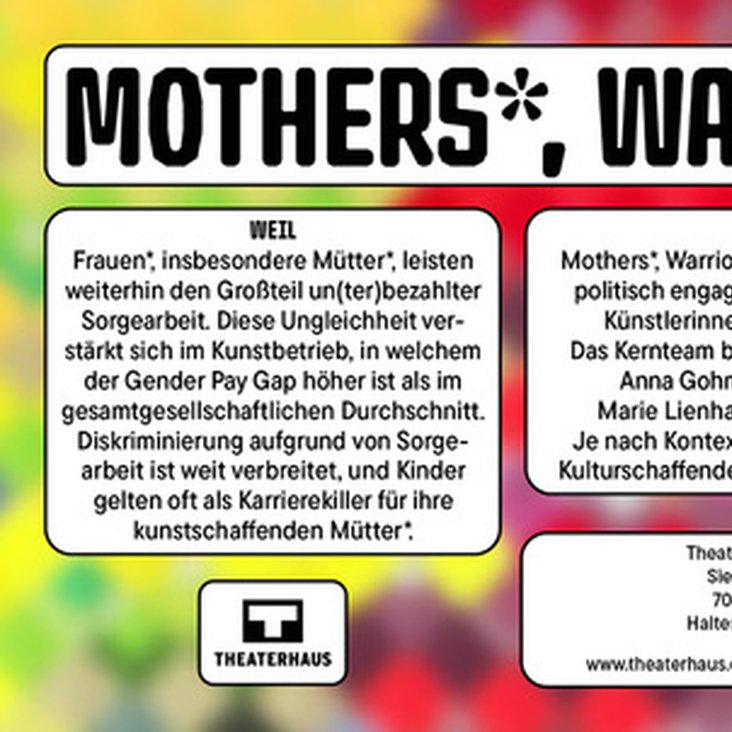 Das Foto zeigt einen Flyer in bunten Farben und starker Typographie. Der Inhalt wird an dieser Stelle nicht vollständig wiedergegeben, er entspricht dem Text, der auf der Website zu lesen ist.