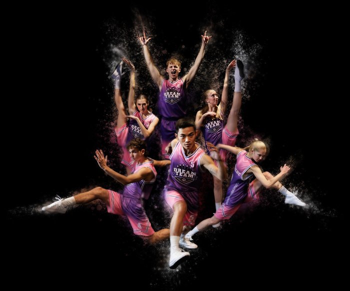 Die Tänzer:innen der Gauthier Dance JUNIORS sind in sportlichen Trikots und Posen abgebildet. Der Hintergrund ist schwarz.