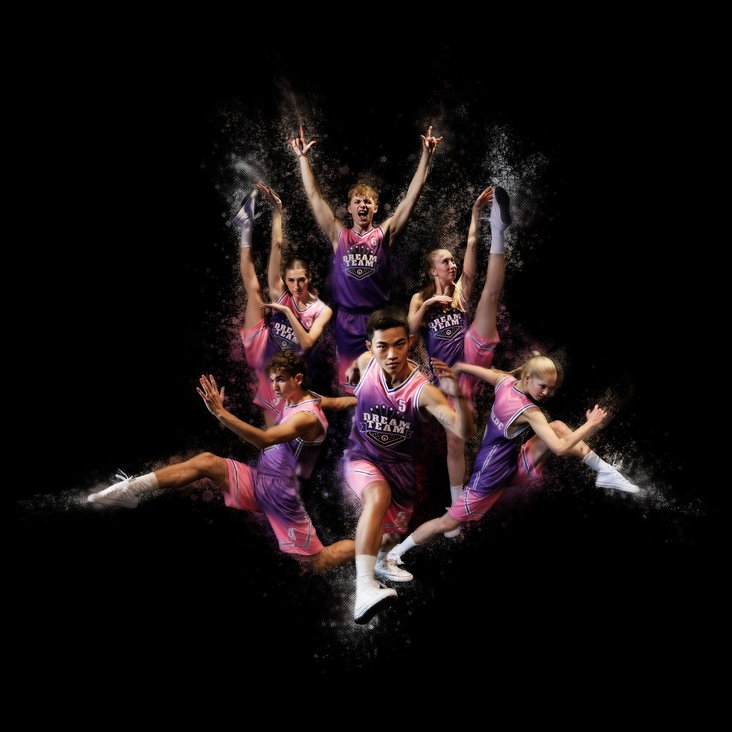 Die Tänzer:innen der Gauthier Dance JUNIORS sind in sportlichen Trikots und Posen abgebildet. Der Hintergrund ist schwarz.