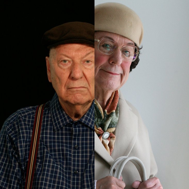 Gerd Duddenhöffer ist auf einem geteilten Foto in beiden Rollen zu sehen, Heinz und Hilde