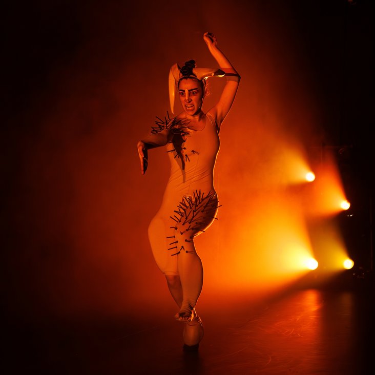 Tänzerin in Kostüm auf der Bühne, der Boden ist schwarz und die Bühne ist professionell ausgeleuchtet.