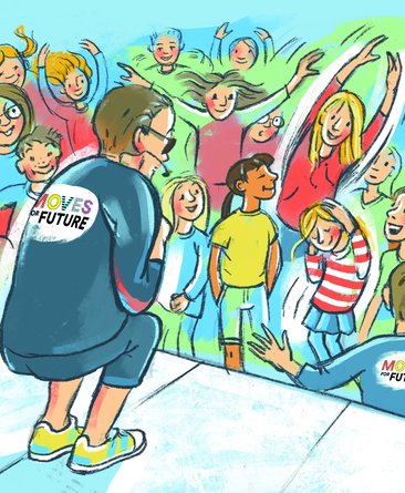 Eine Zeichnung wie Eric Gauthier mit den Kindern auf dem Schulhof den Schmetterlingstanz übt