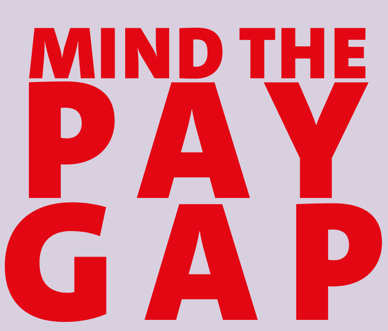 Mit roter Schrift steht auf fliederfarbenem Hintergrund: MIND THE PAY GAP